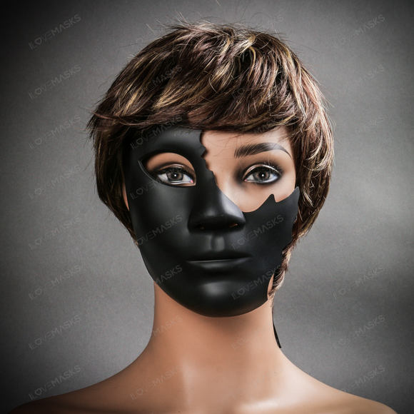 Unpainted Half Face Cracked Phantom Masquerade Mask - Black - Picture 10 of 10